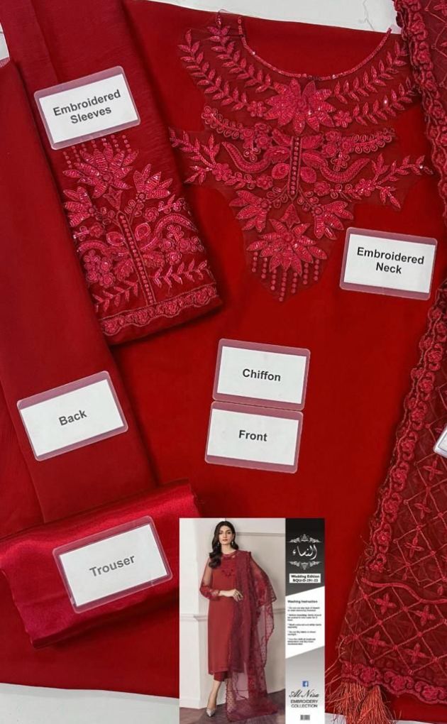 BAROQUE ⏐ CHIFFON, ORGANCA & SILK ⏐SEQUENCE WORK EMBROIDERY⏐ UNSTITCHED ⏐ 3 PC ⏐ RED