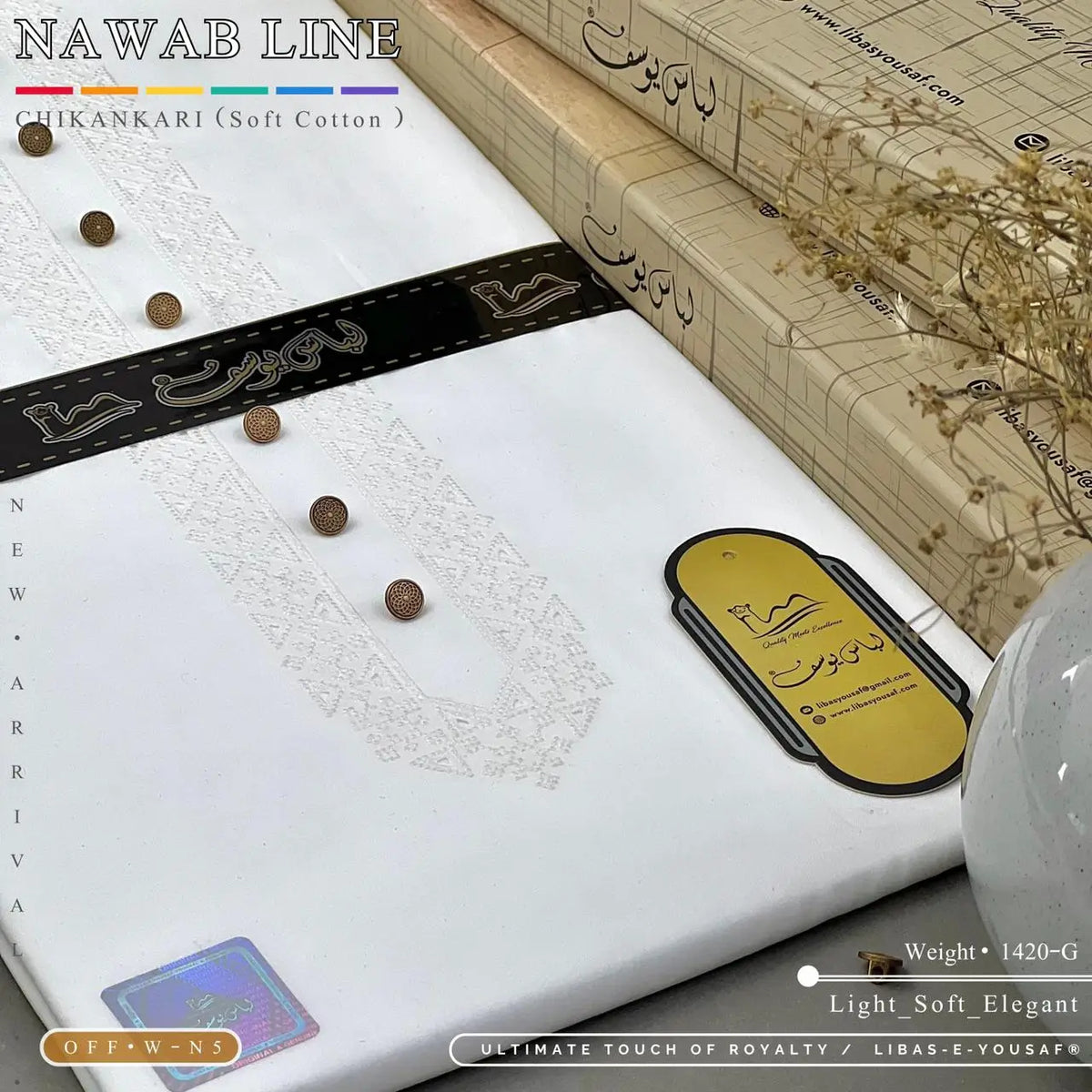 NAWAB LINE – CHIKANKARI | Libas-e-Yousaf - Soft Cotton | Off White N 5