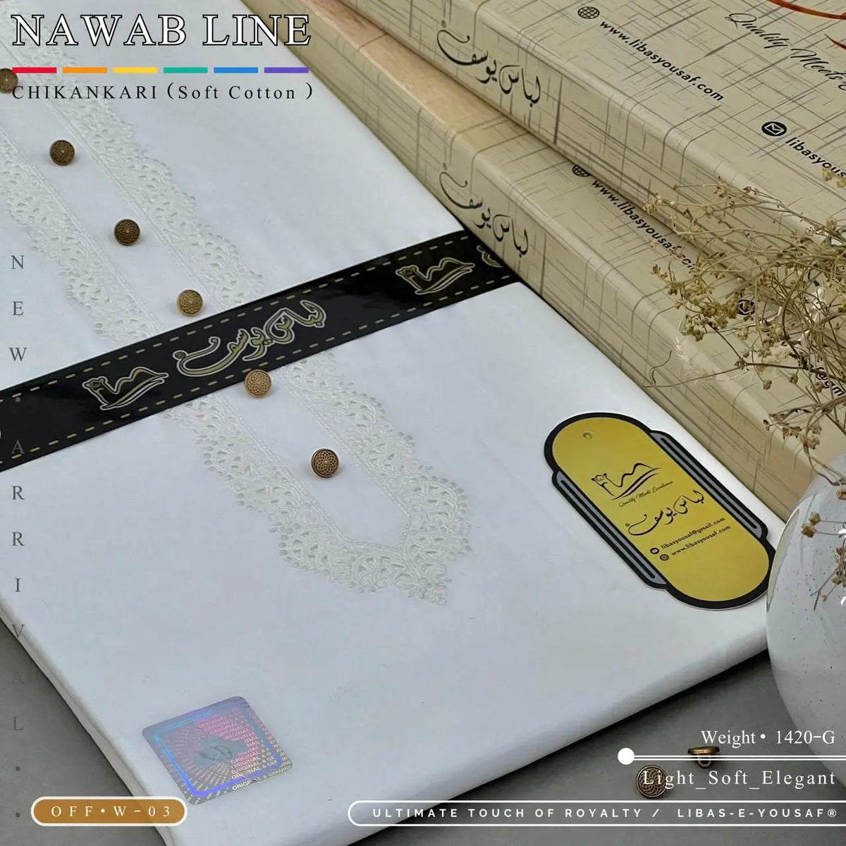 NAWAB LINE – CHIKANKARI | Libas-e-Yousaf - Soft Cotton | Off White 03