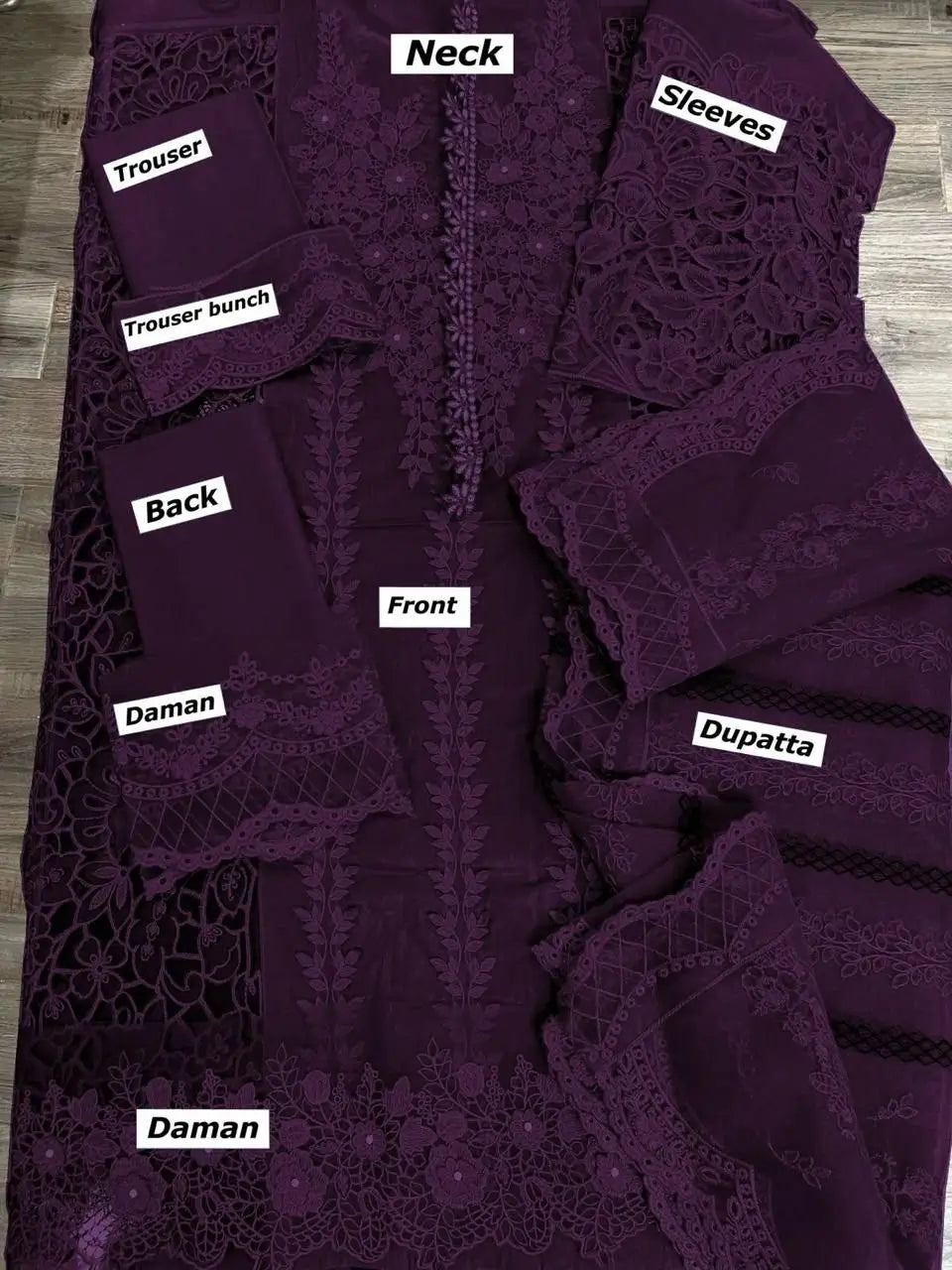 MARIA B - HEAVY EMBROIDERED - DYED COTTON - CUTWORK 3D FLOWERS - DEEP PURPLE