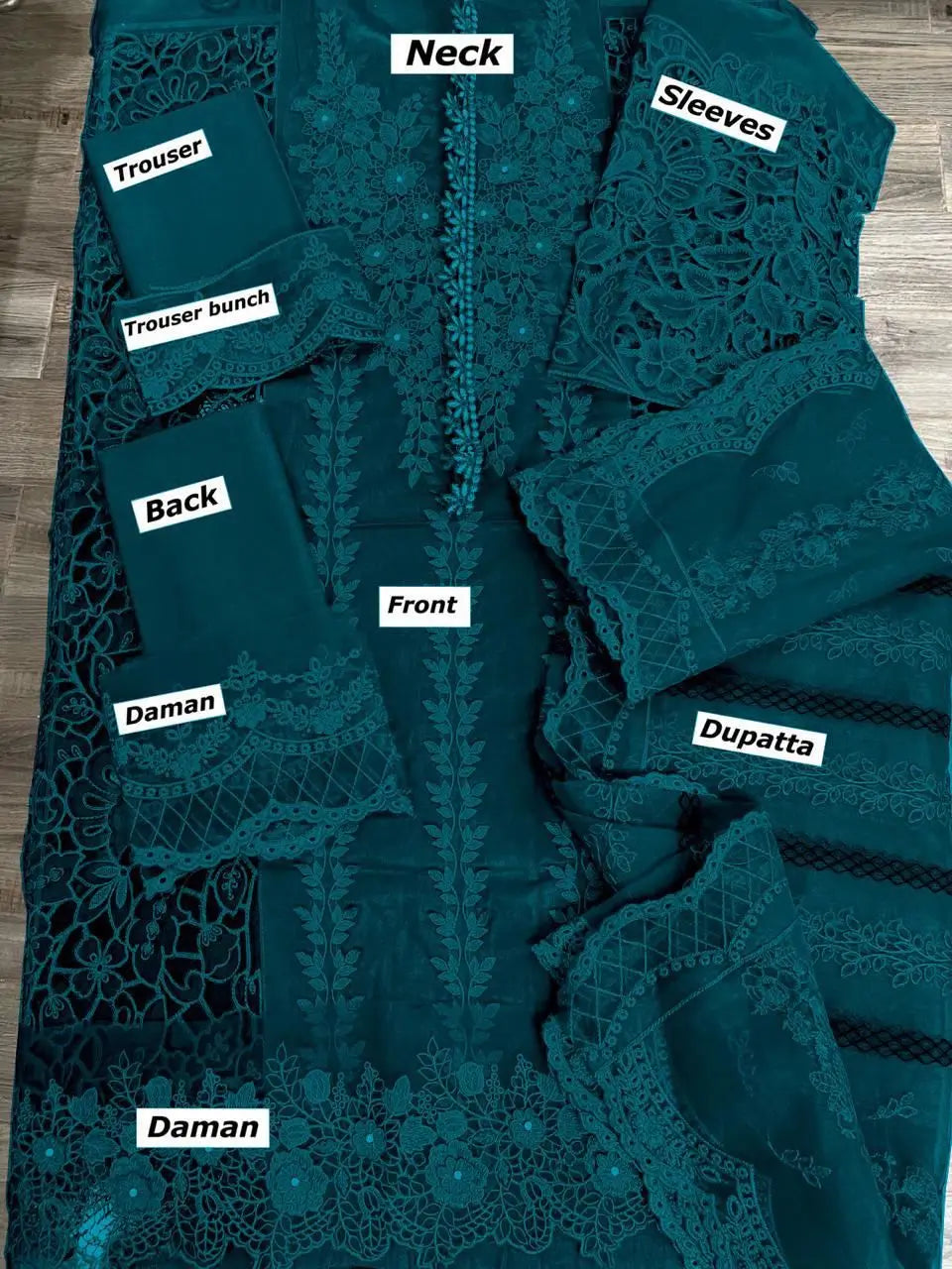 MARIA B - HEAVY EMBROIDERED - DYED COTTON - CUTWORK 3D FLOWERS - TEAL