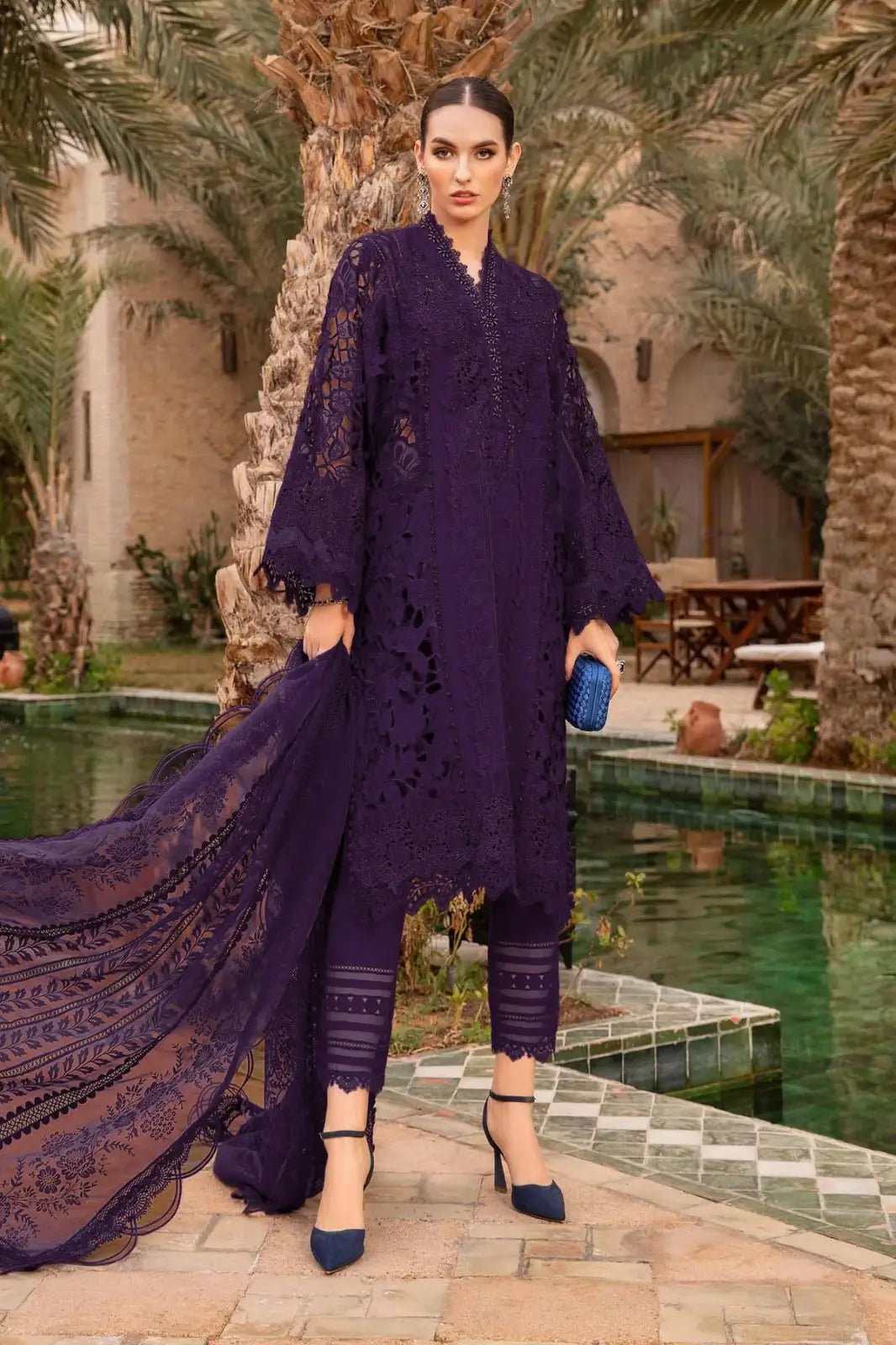 MARIA B - HEAVY EMBROIDERED - DYED COTTON - CUTWORK 3D FLOWERS - DEEP PURPLE