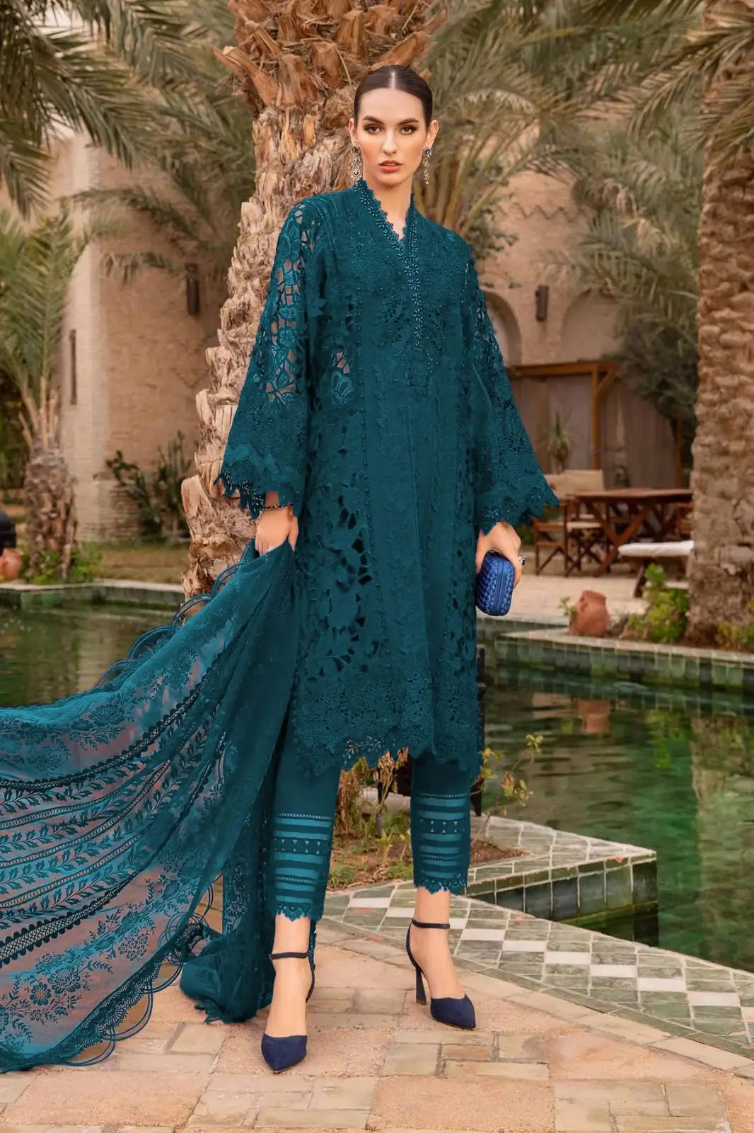 MARIA B - HEAVY EMBROIDERED - DYED COTTON - CUTWORK 3D FLOWERS - TEAL