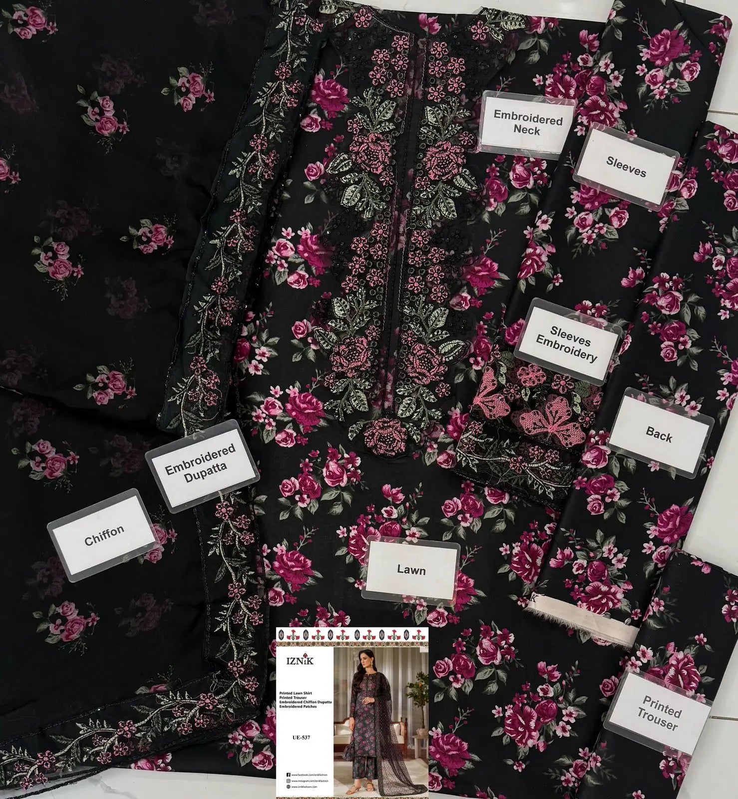 IZNIK ⏐ EMBROIDERED WORK ⏐ CHIFFON DUPATTA ⏐ PURE LAWN ⏐ 3 PIECE ⏐ UE-537