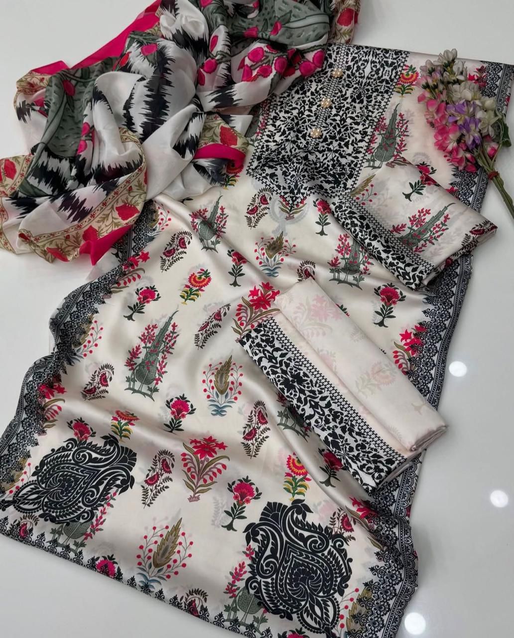 LULUSAR ⏐ SILK ⏐ FLORAL DIGITAL PRINTED ⏐UNSTITCHED ⏐ 3 PC ⏐